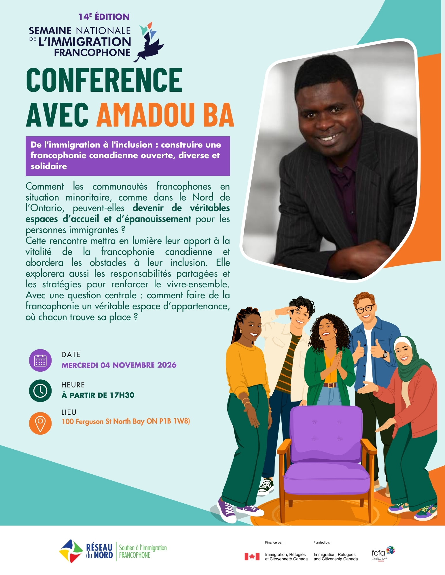 Affiche : Conférence d'Amadou Ba « De l'immigration à l'inclusion : construire une francophonie canadienne ouverte, diverse et solidaire »