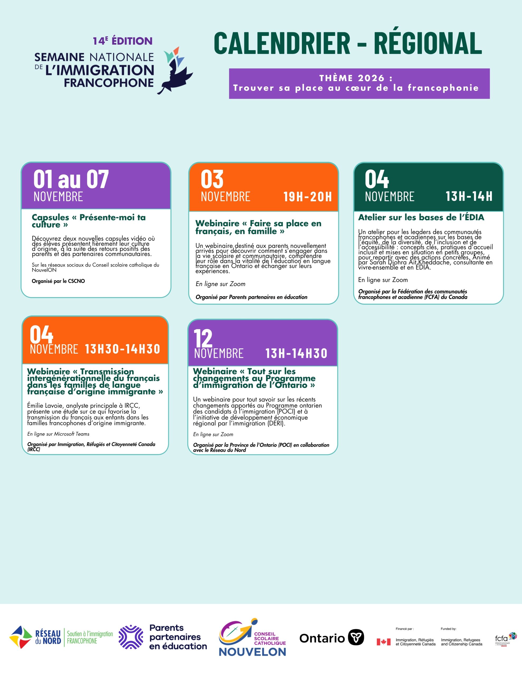 Calendrier régional (tout le Nord)